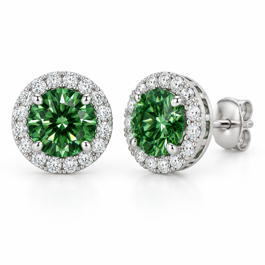 Green Moissanite Halo Stud Earrings