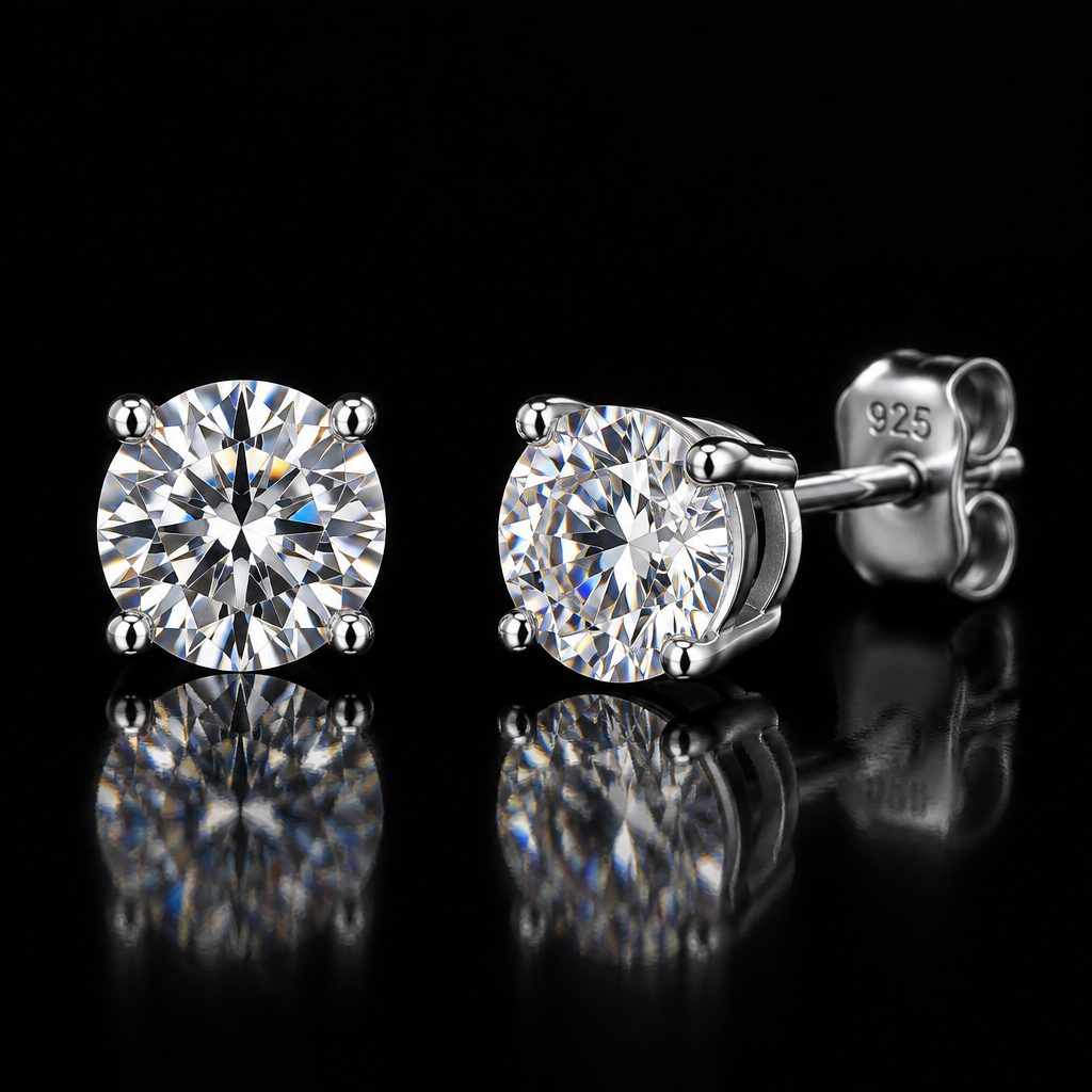 0.5ct Round Brilliant Moissanite Stud Earrings in 925 Sterling Silver on black background