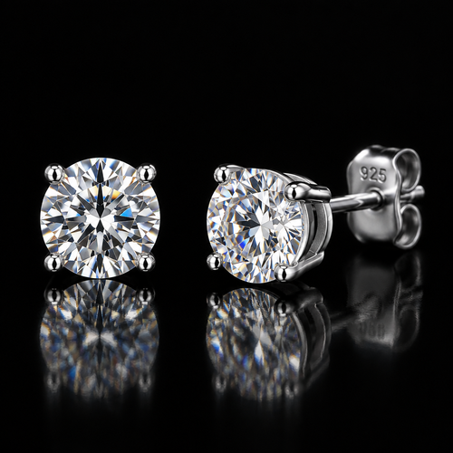 0.5ct Round Brilliant Moissanite Stud Earrings in 925 Sterling Silver on black background