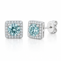 Light Teal Blue Moissanite Round Brilliant Square Halo Stud Earrings in 925 Sterling Silver