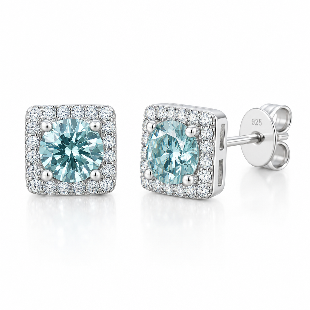 Light Teal Blue Moissanite Round Brilliant Square Halo Stud Earrings in 925 Sterling Silver